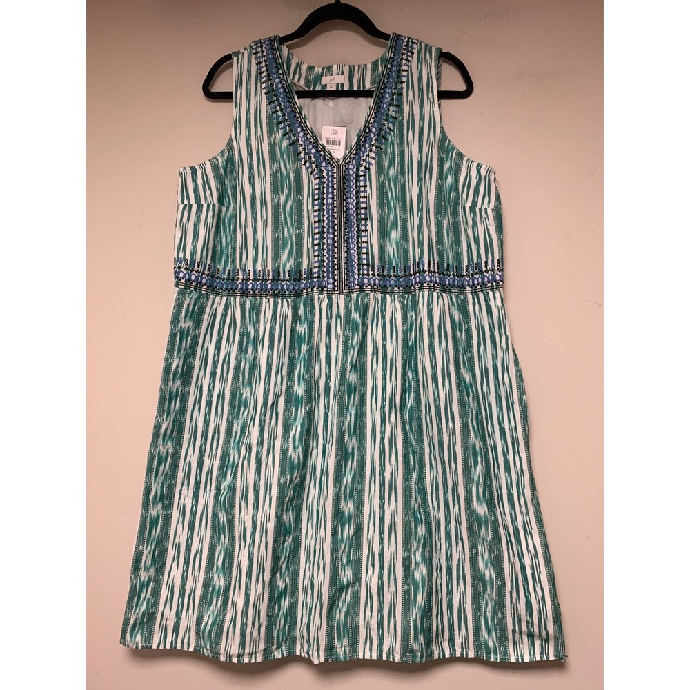 J. Jill Ikat Print Dress Womens LP Green New Embroidered Cotton Sleeveless 24377